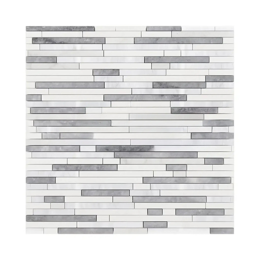 Rectangular mosaic tile pattern in Oriental White and Blue-Gray marble design