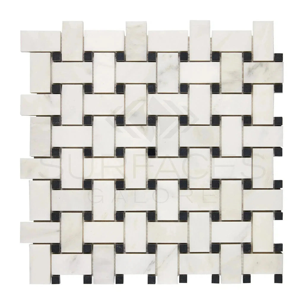 Woven white and black tile mosaic of Oriental White/Asian Statuary Basketweave design