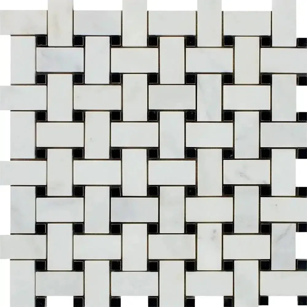 Woven white and black tile pattern in Oriental White Asian Statuary Basketweave Mosaic