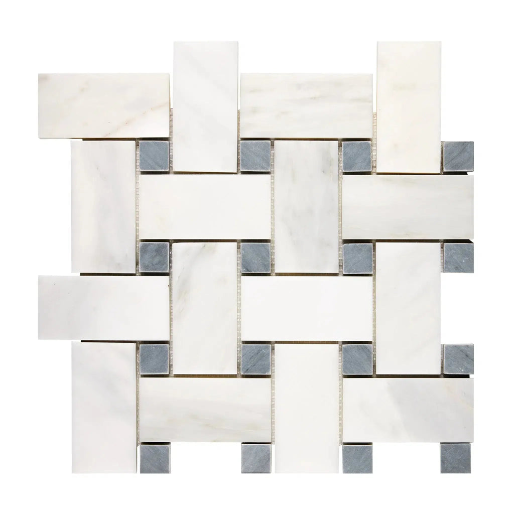 Interwoven white and gray tile mosaic in Oriental White Asian Statuary Basketweave design