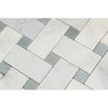 Herringbone tile pattern in Oriental White Asian Statuary Marble Mosaic with blue-gray tones