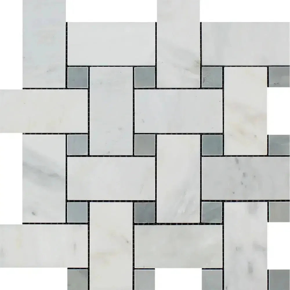 Basketweave marble tile pattern in Oriental White and Blue-gray stone mosaic