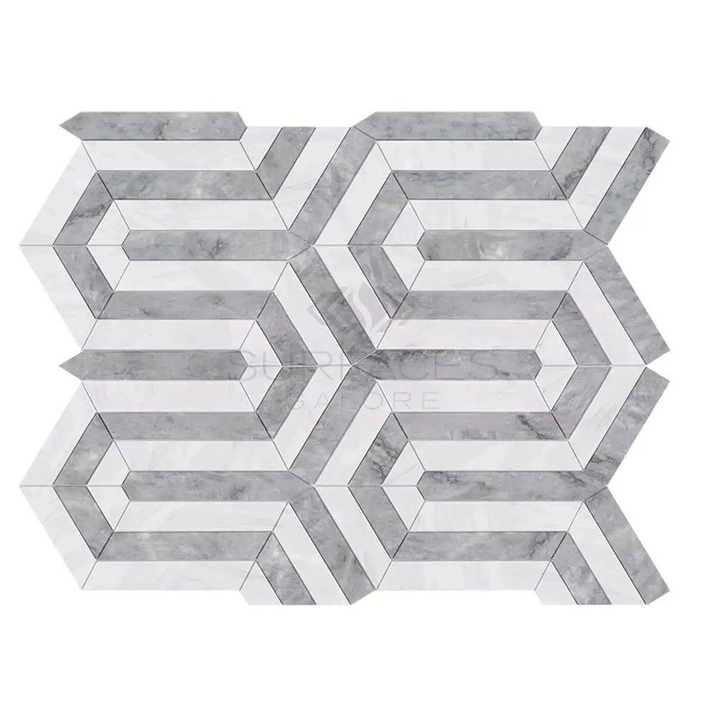 Geometric marble tile pattern in Oriental White and Asian Statuary Berlinetta design