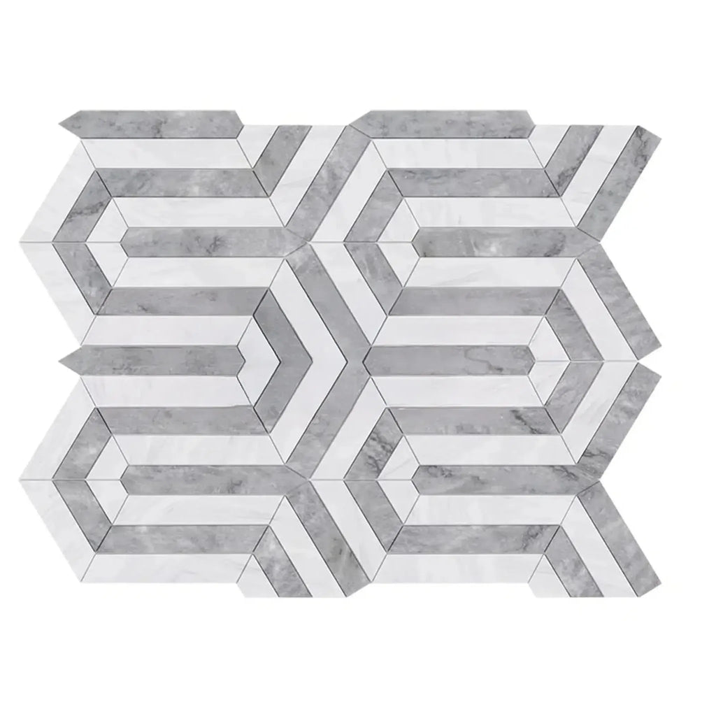 Geometric marble tile pattern in Oriental White and Blue-Gray polished mosaic design