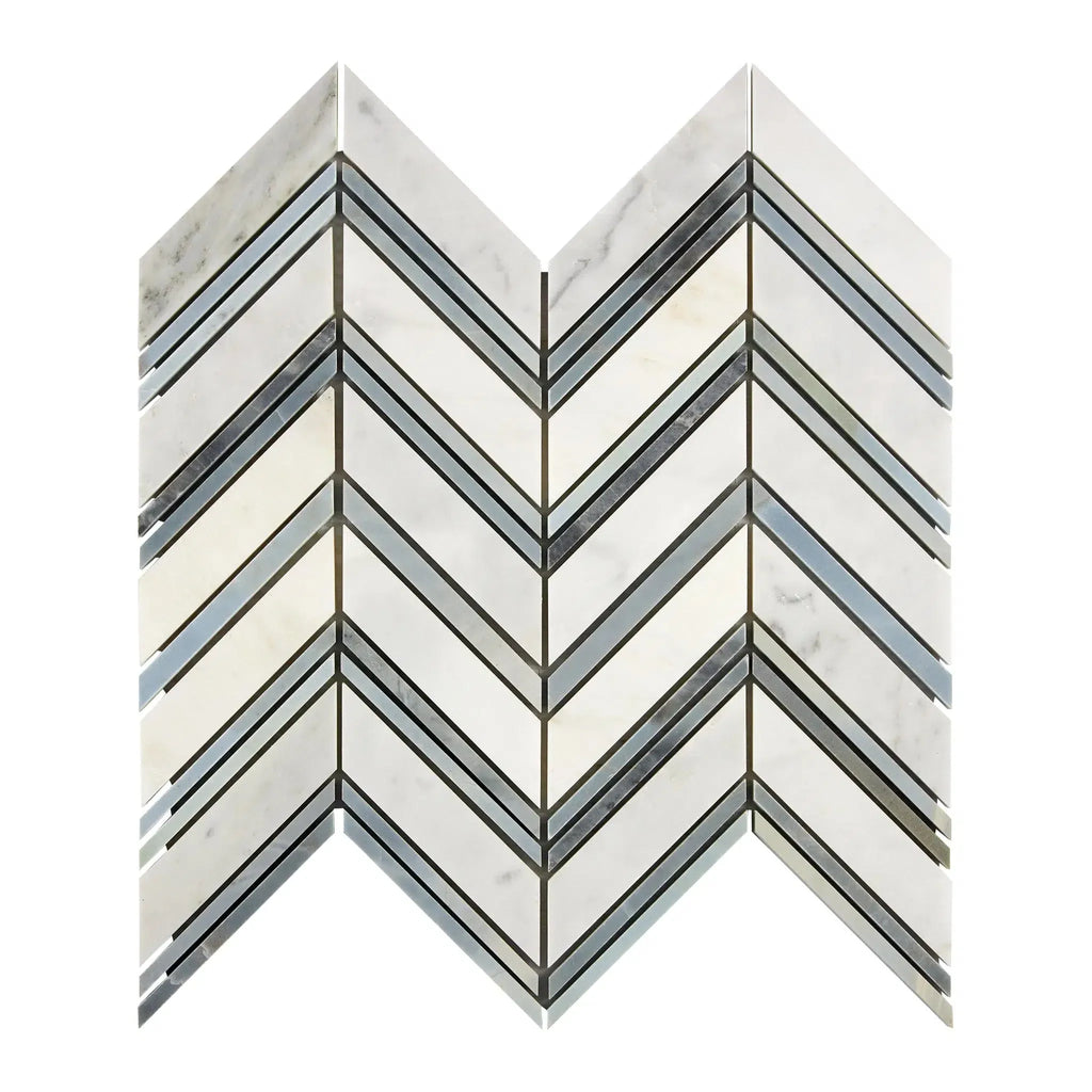 Chevron patterned Oriental White and Asian Statuary marble tile mosaic design