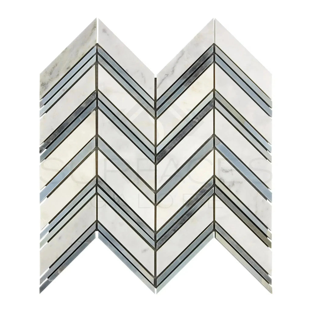 Chevron patterned mosaic tile in Oriental White and Blue-Gray Marble, polished or honed