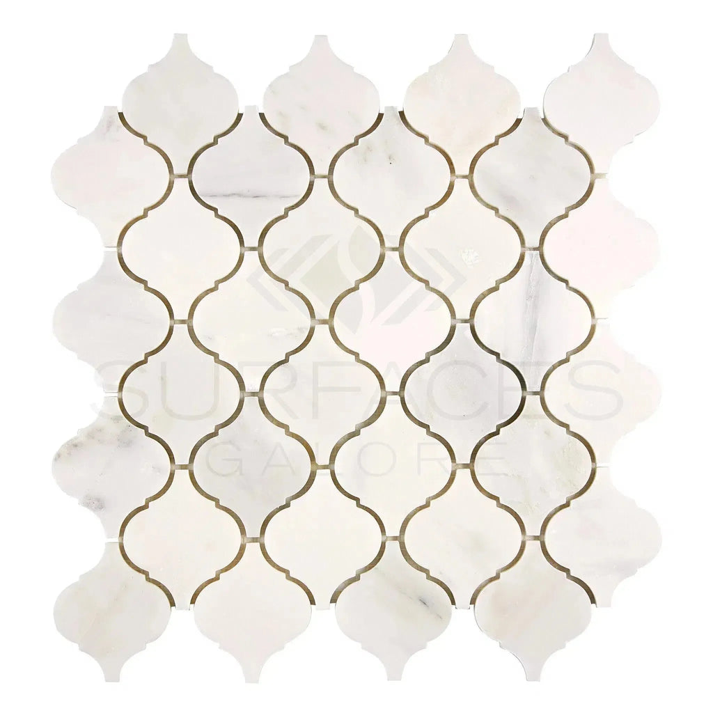 White marble mosaic tile in Oriental White Asian Statuary Lantern design, polished finish