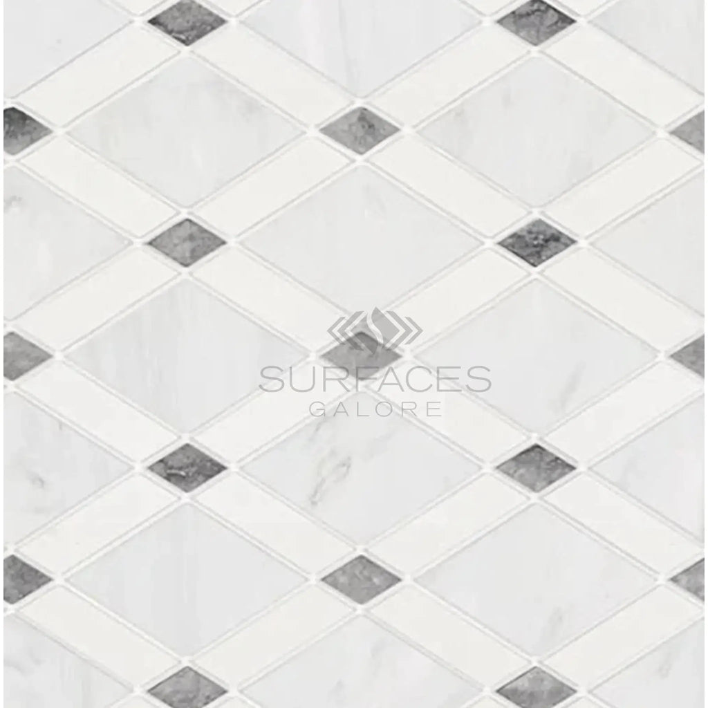 Diamond-patterned marble tile from Oriental White Asian Statuary Lattice Collection