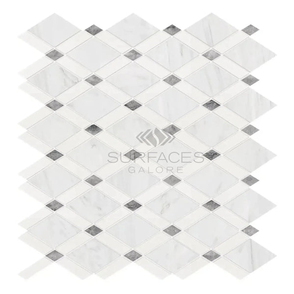 Diamond-patterned marble mosaic tile in Oriental White Asian Statuary Lattice design