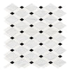 Diamond-patterned marble tile with black accents in Oriental White/Asian Statuary Lattice