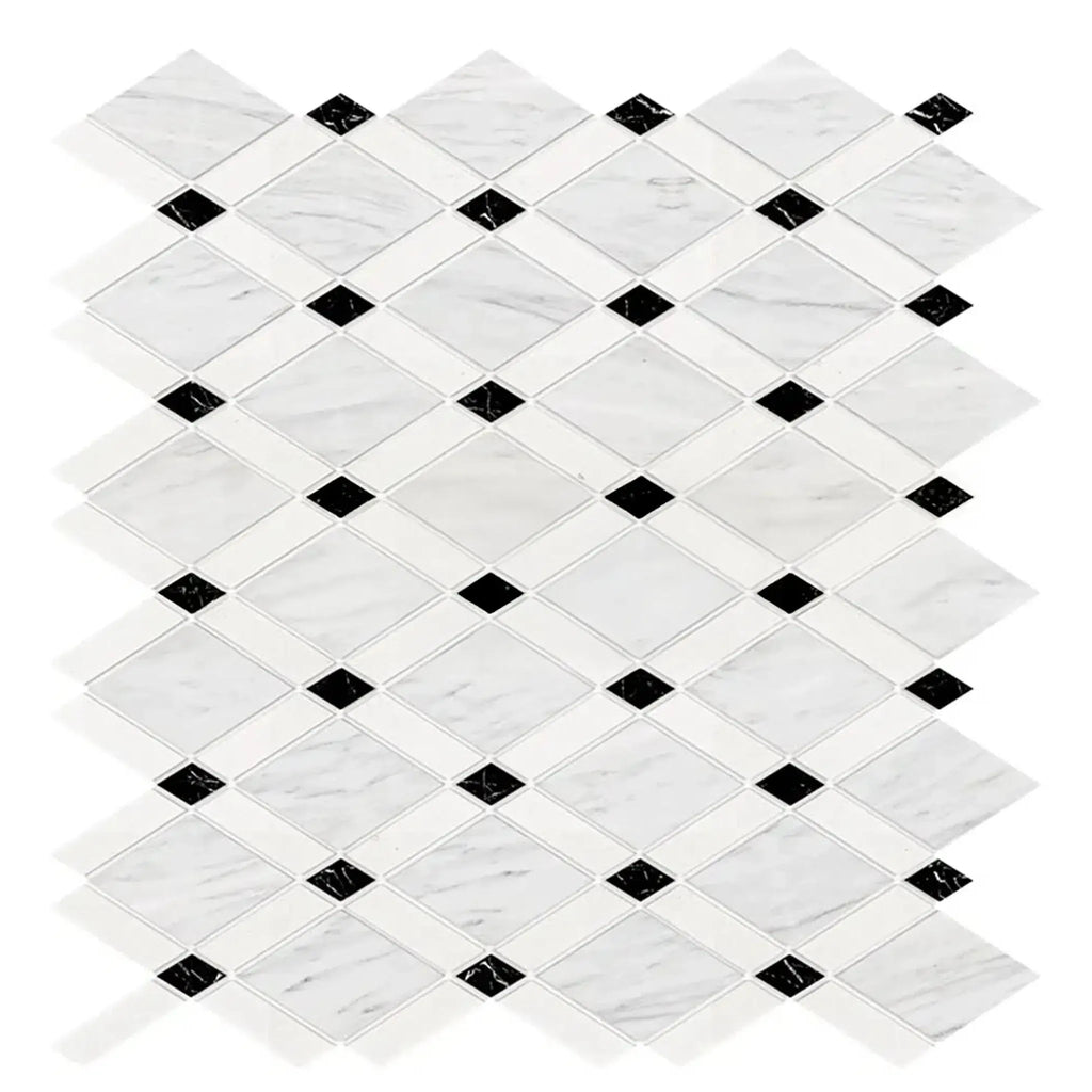 Diamond-patterned marble tile with black accents in Oriental White/Asian Statuary Lattice