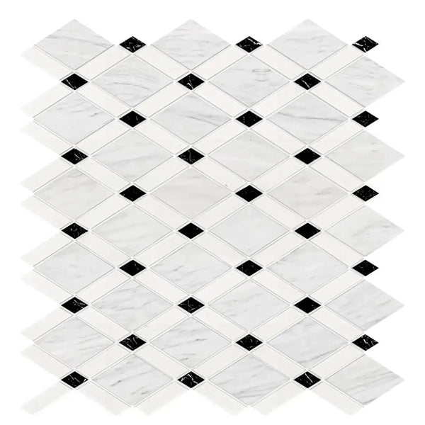 Diamond-patterned marble tile with black accents in Oriental White/Asian Statuary Lattice