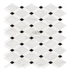 Diamond-patterned marble tile featuring black accents in Oriental White/Asian Statuary design