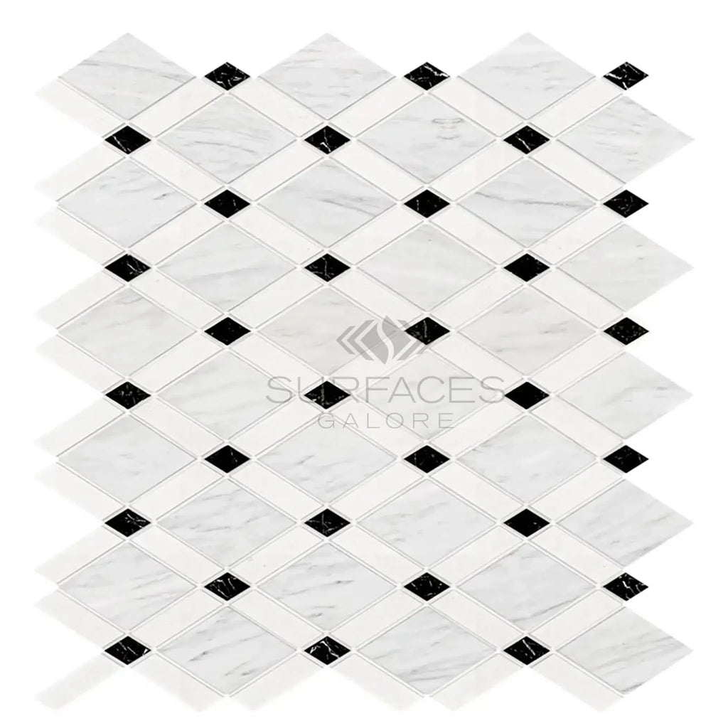 Diamond-patterned marble tile featuring black accents in Oriental White/Asian Statuary design