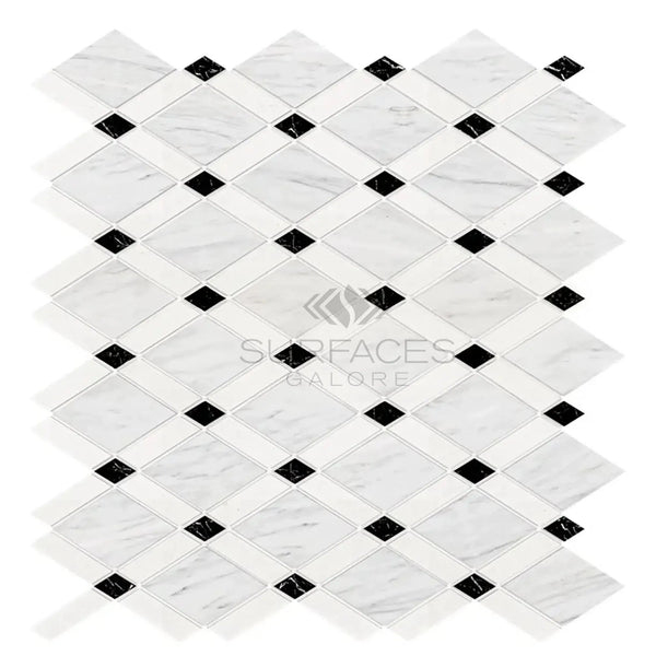 Diamond-patterned marble tile featuring black accents in Oriental White/Asian Statuary design