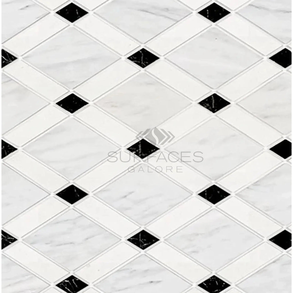 Black and white diamond tile pattern in Oriental White/Asian Statuary Lattice Marble Mosaic