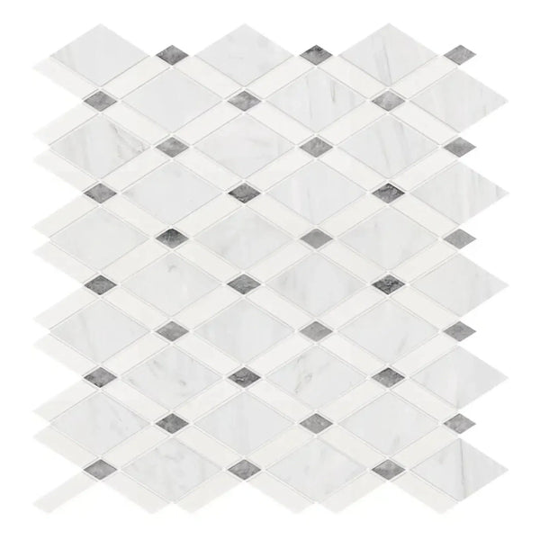 White and gray diamond mosaic tile in Oriental White Asian Statuary Lattice marble