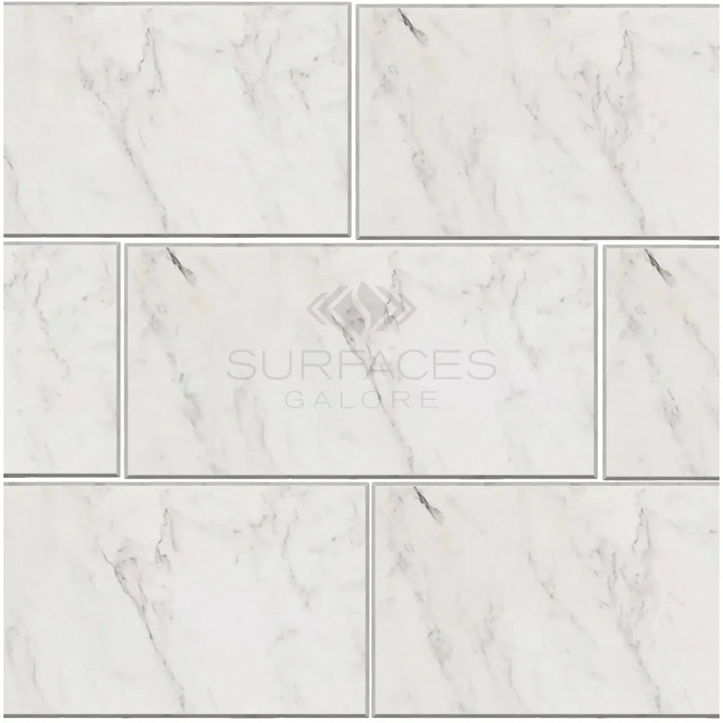 Marble-patterned rectangular tiles in Oriental White Asian Statuary style 12x24 size