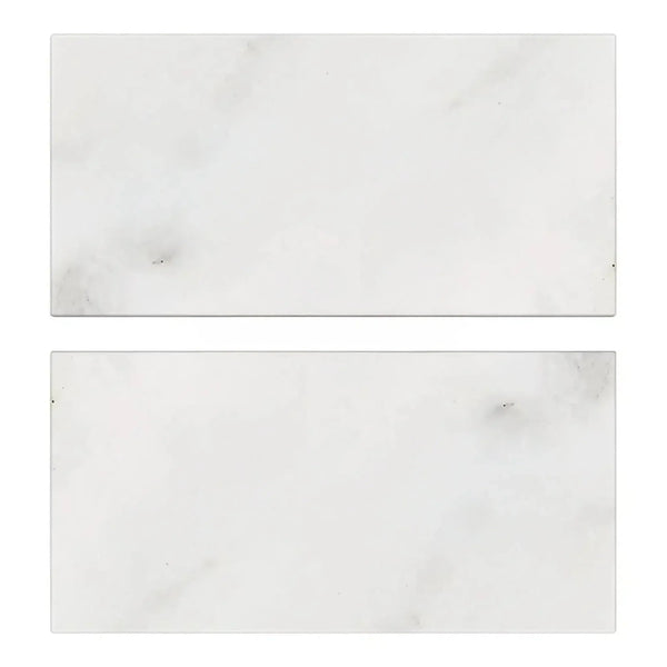 Two rectangular Oriental White Asian Statuary Marble 3X6 Tumbled tiles on display