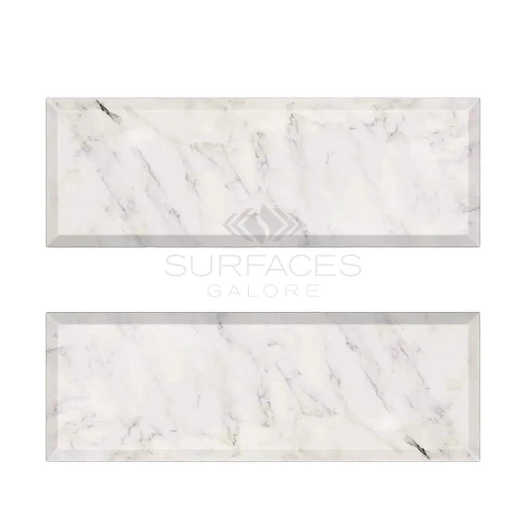 Two rectangular tiles in Oriental White and Asian Statuary Marble with a polished finish