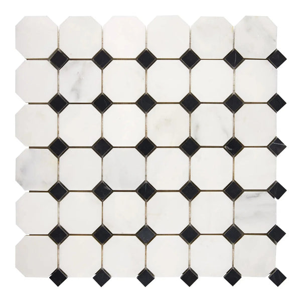 Oriental White Asian Statuary Octagon and Square Tile Mosaic with Black Marble