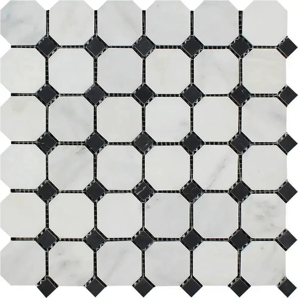 Octagon and diamond tile mosaic of Oriental White and Black Marble polished or honed