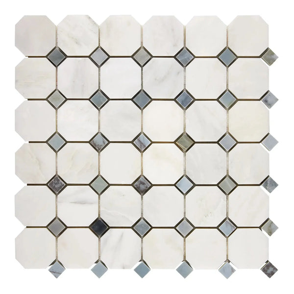 Oriental White Octagon and Blue-Gray Diamond Mosaic Tile for elegant decor