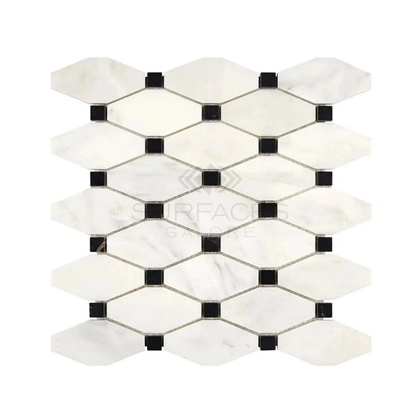 Mosaic tile sheet featuring white and black stones in Oriental White Asian Statuary design