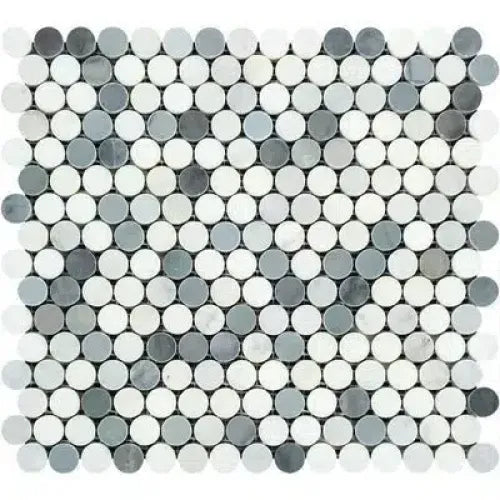 Gray and white penny tile sheet for Oriental White Asian Statuary Marble Mosaic