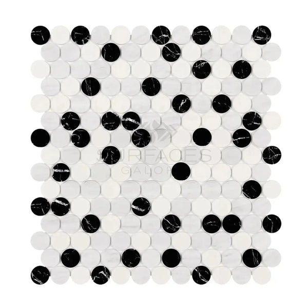 Black and white circular mosaic tile sheet for Oriental White marble mosaic design