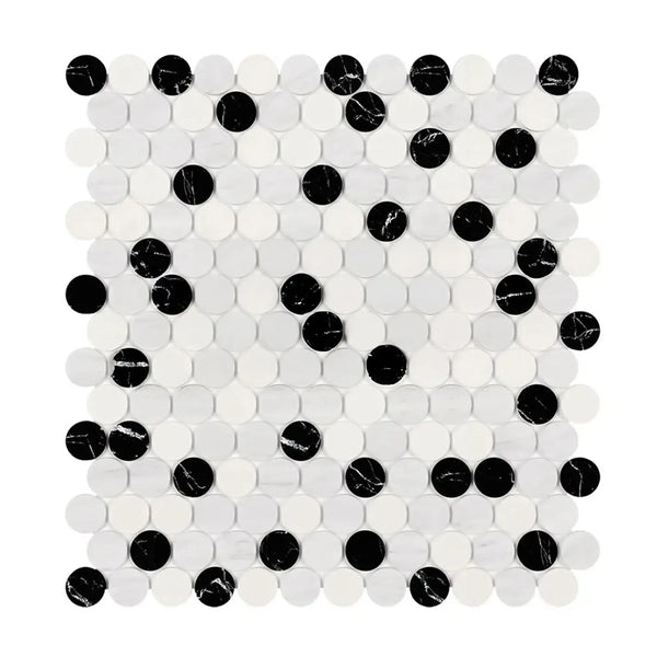 Black and white penny tile sheet from Oriental White Asian Statuary marble mosaic