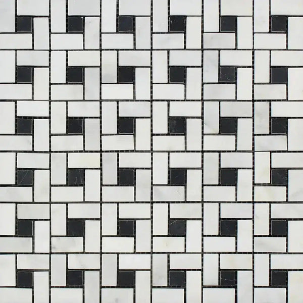 Black and white geometric tile pattern in Oriental White Asian Statuary Pinwheel Mosaic