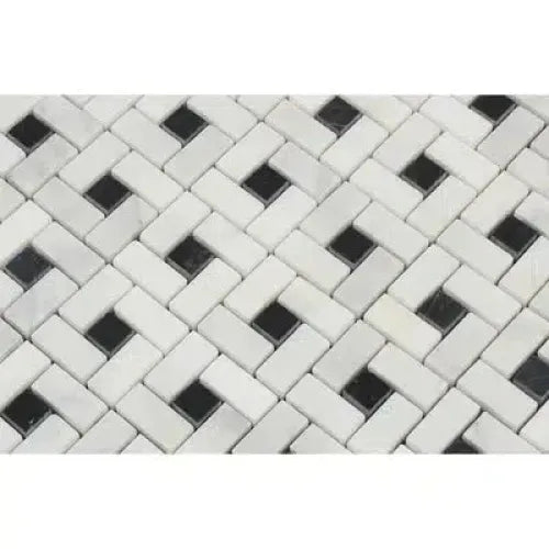 Interlocking white and black tile pattern of Oriental White Asian Statuary Pinwheel Mosaic