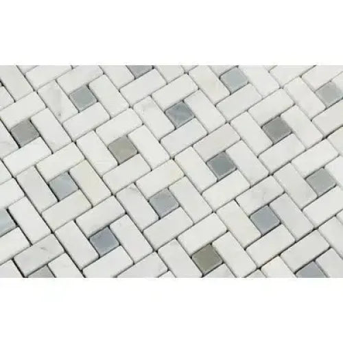 Herringbone pattern of white and gray tiles in Oriental White Marble Mosaic