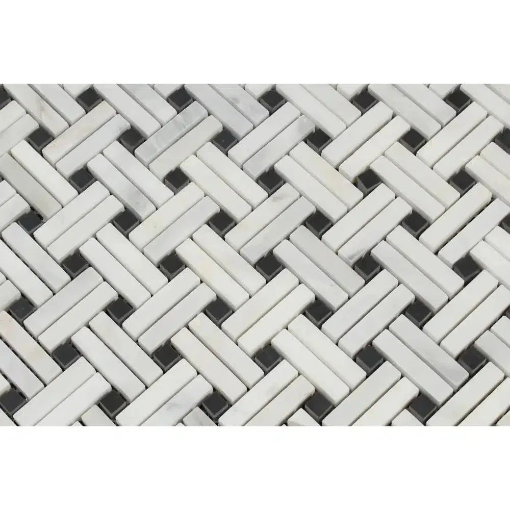 Interlocking white and black tile pattern in Oriental White Asian Statuary Stanza Mosaic