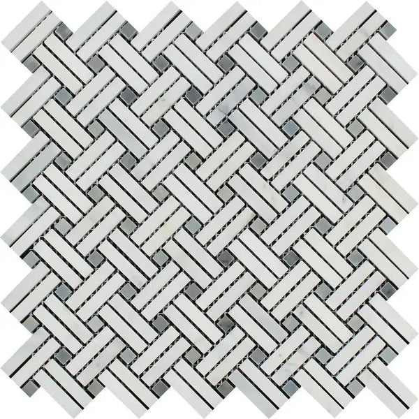 Herringbone mosaic tile pattern in Oriental White Asian Statuary marble with blue-gray accents