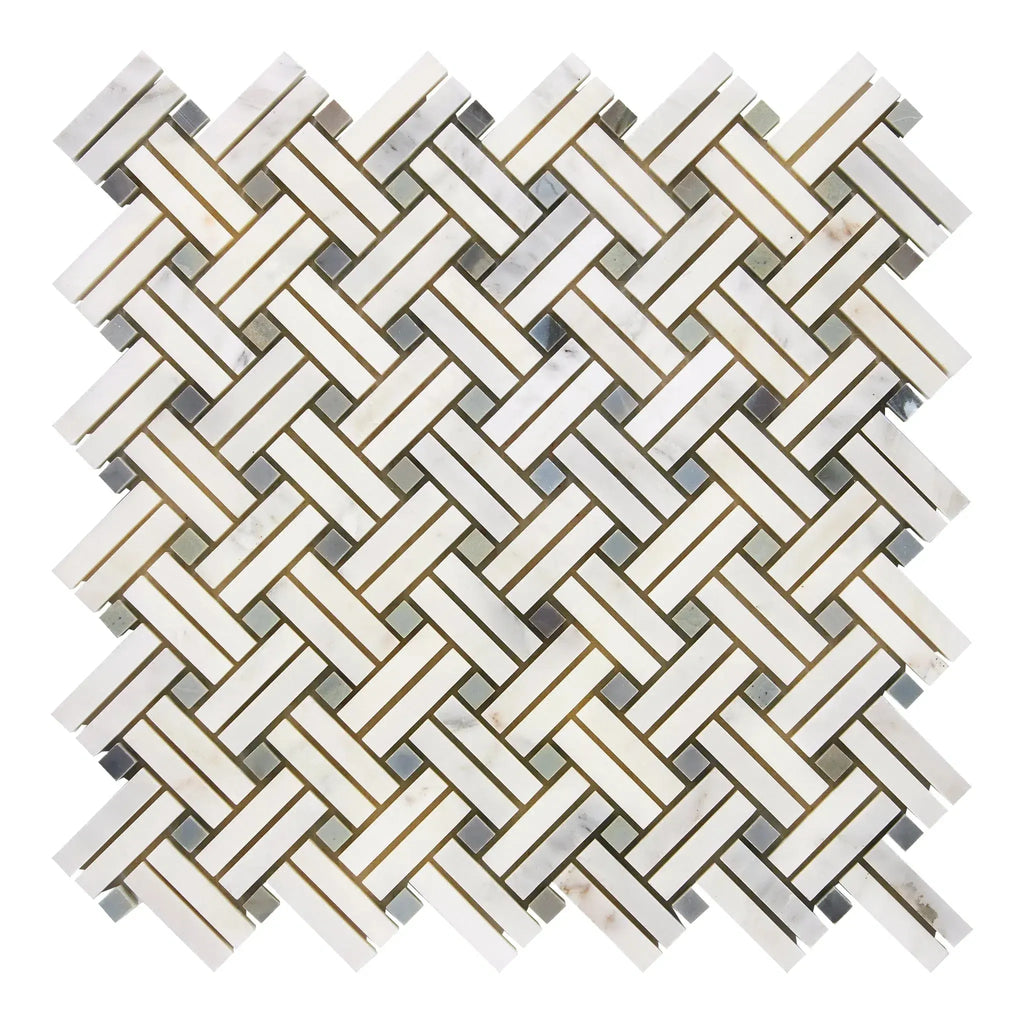 Woven marble tile mosaic of Oriental White and Asian Statuary with Blue-Gray accents