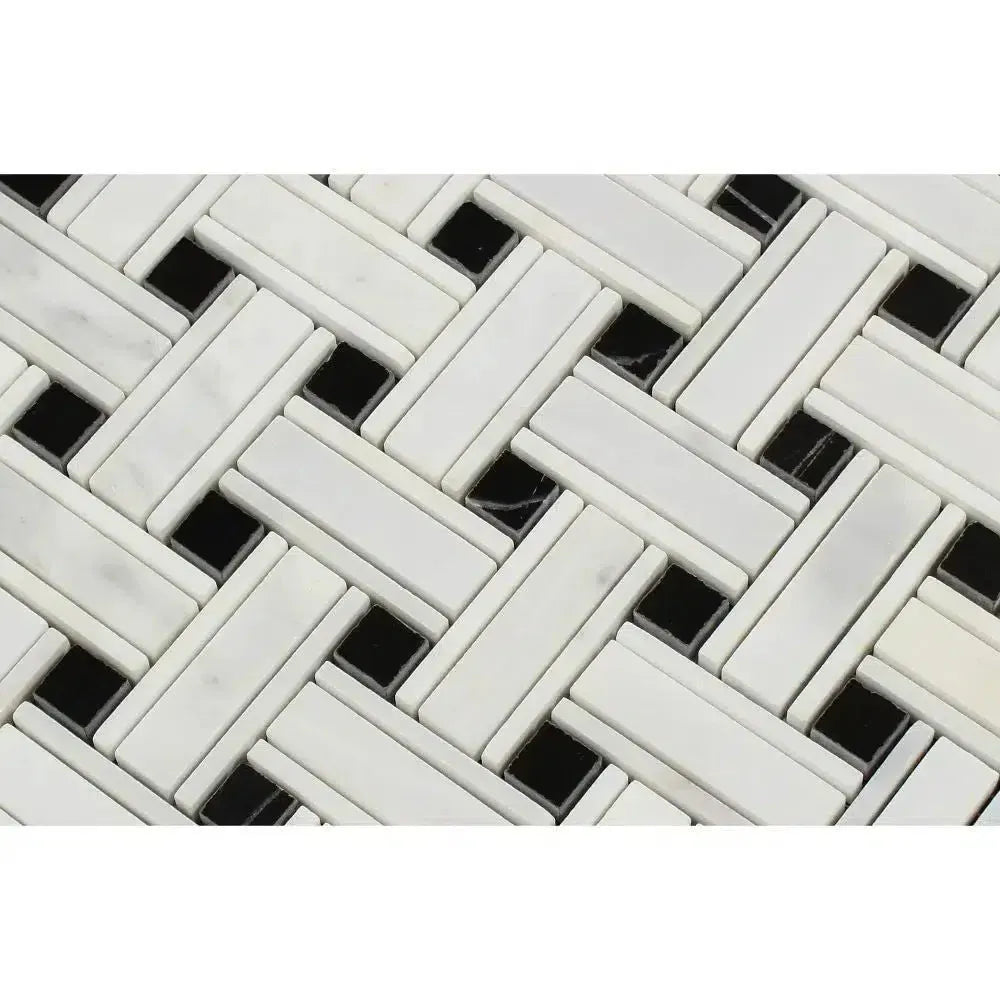 Woven white and black tile pattern of Oriental White Asian Statuary Marble Mosaic