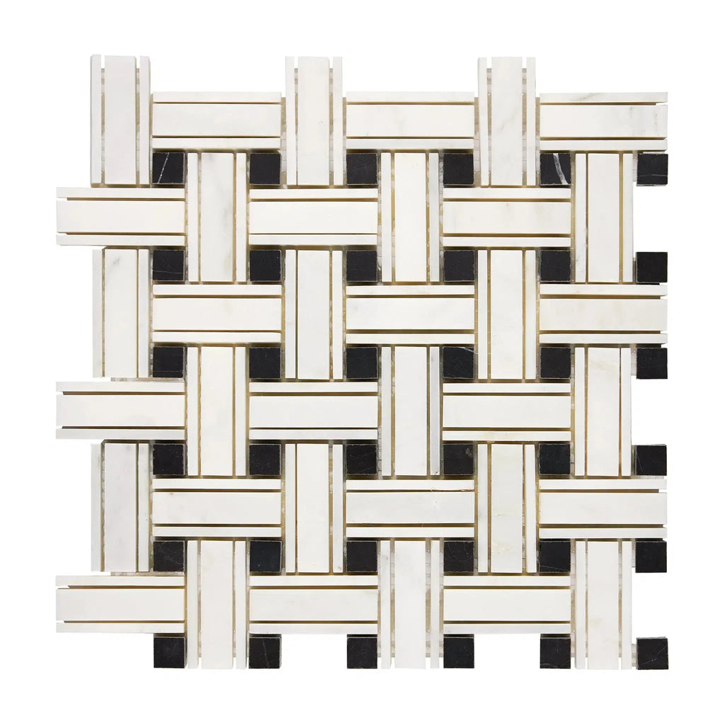 Woven marble mosaic tile in Oriental White Asian Statuary Triple-Weave with Black accents