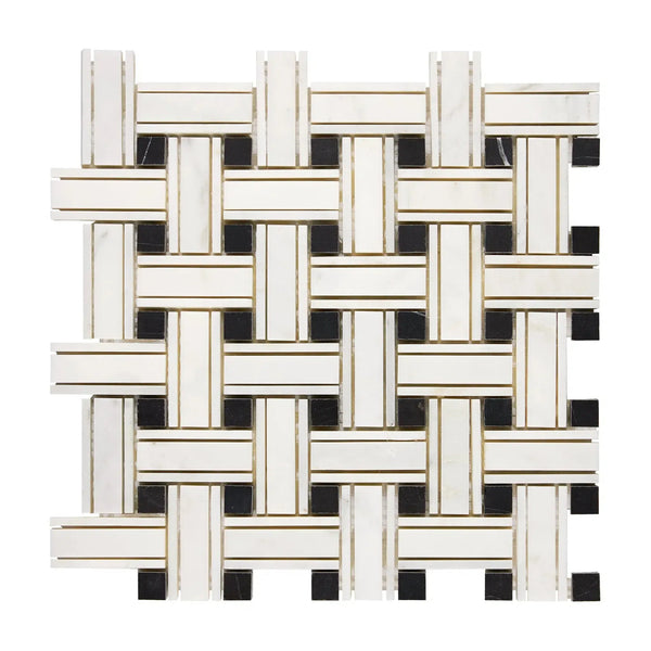 Woven marble mosaic tile in Oriental White Asian Statuary Triple-Weave with Black accents