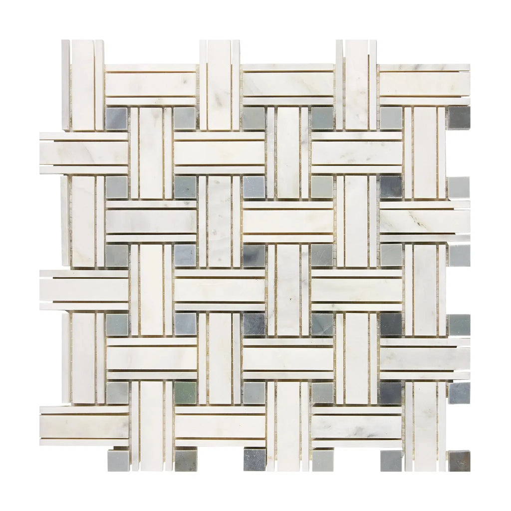 Woven marble and metallic mosaic tile in Oriental White and Asian Statuary design