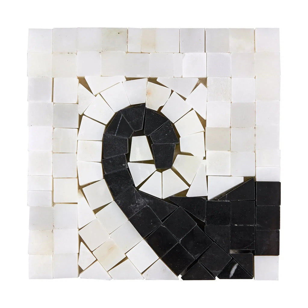 Black and white mosaic tile art featuring Oriental White and Asian Statuary Wave Border.corner