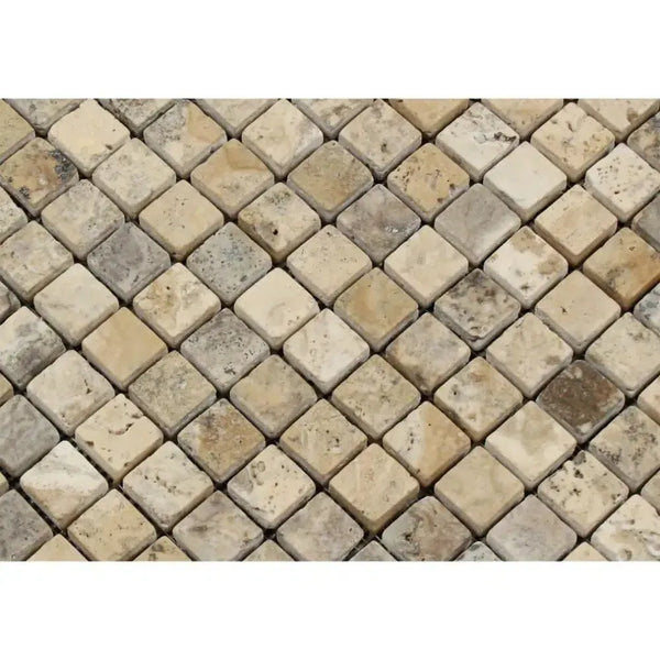 Diamond-patterned stone mosaic tiles of Philadelphia Travertine 1X1 Mosaic Tumbled