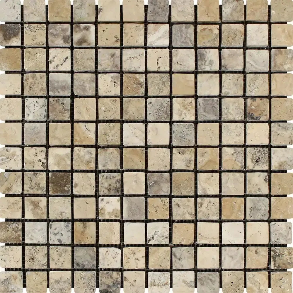 Square mosaic tile sheet featuring Philadelphia Travertine 1X1 Mosaic Tumbled design