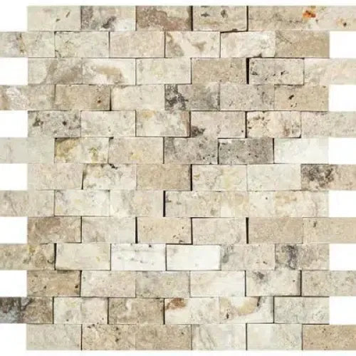 Philadelphia Travertine 1X2 Brick Mosaic Split-Faced wall tile showcasing natural elegance