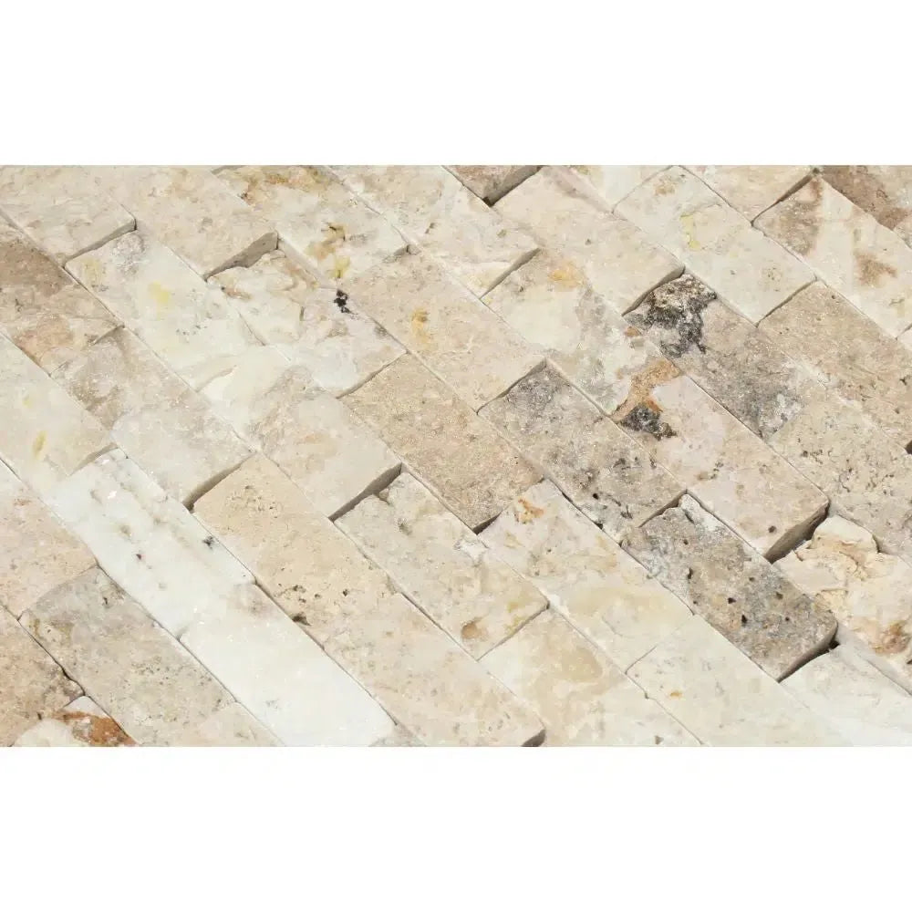 Herringbone pattern of Philadelphia Travertine 1X2 Brick Mosaic Split-Faced tile