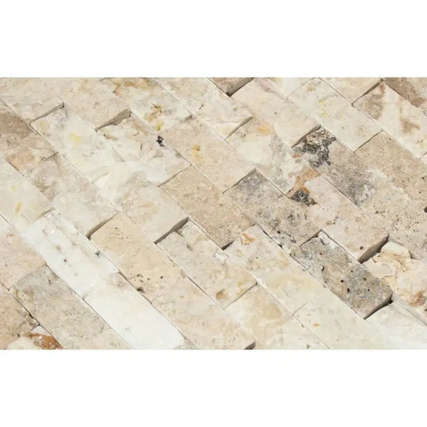 Herringbone pattern of Philadelphia Travertine 1X2 Brick Mosaic Split-Faced tile