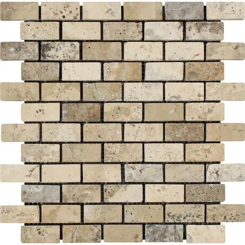 Philadelphia Travertine 1X2 Brick Mosaic Tumbled tile showcasing elegant travertine design