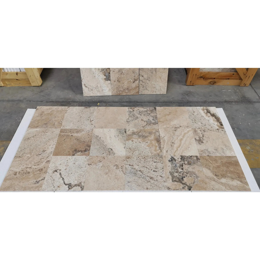 Tumbled travertine tile flooring in Philadelphia Travertine 1X2 diamond mosaic design