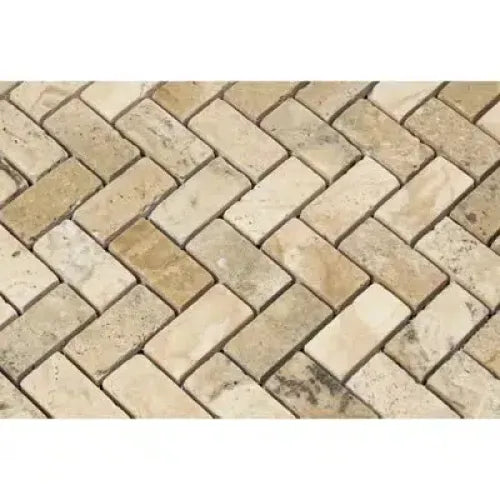 Philadelphia Travertine 1X2 Herringbone Mosaic Tumbled in elegant brick pattern